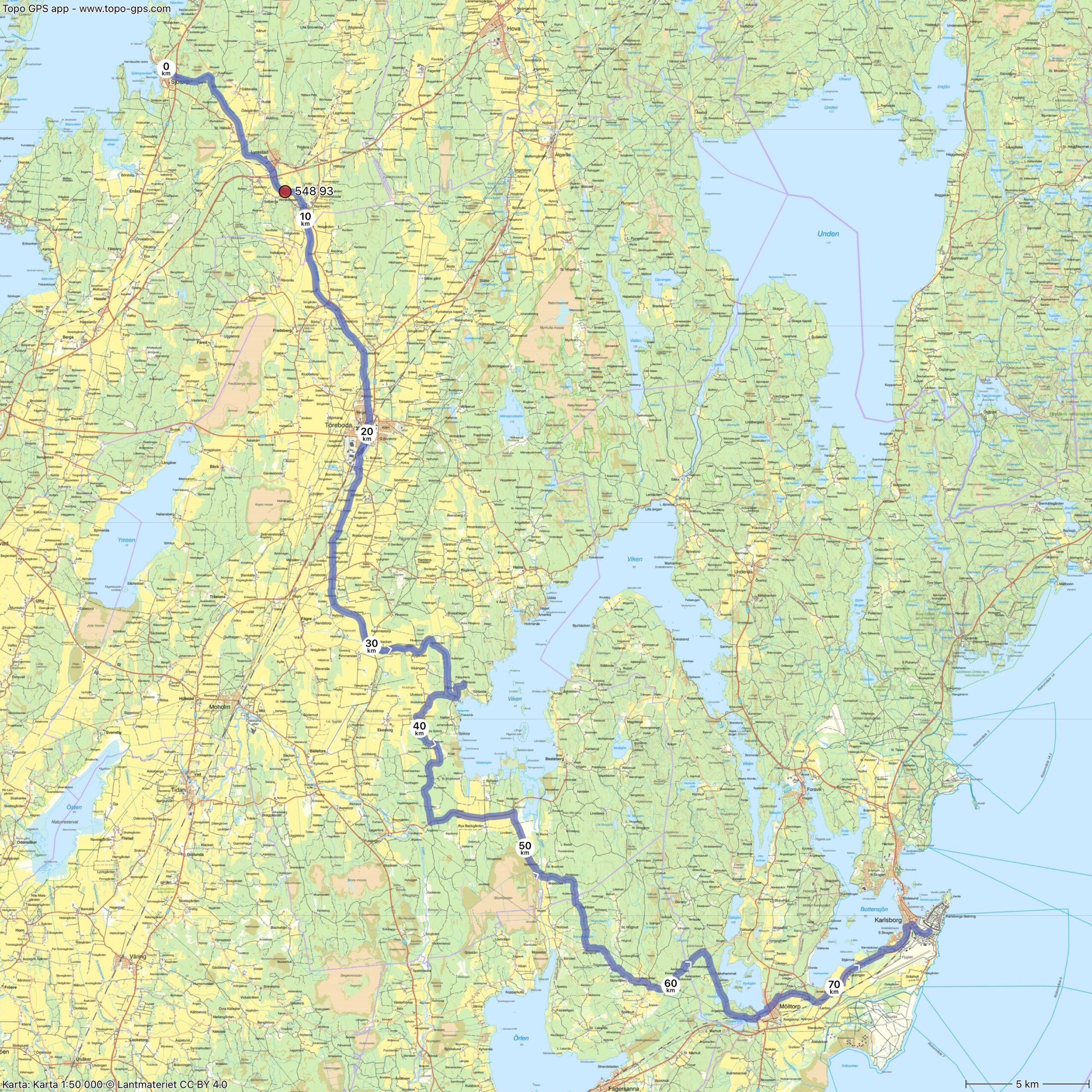 Vandring Sjötorp - Tåtorp - Karlsborg markerad på karta